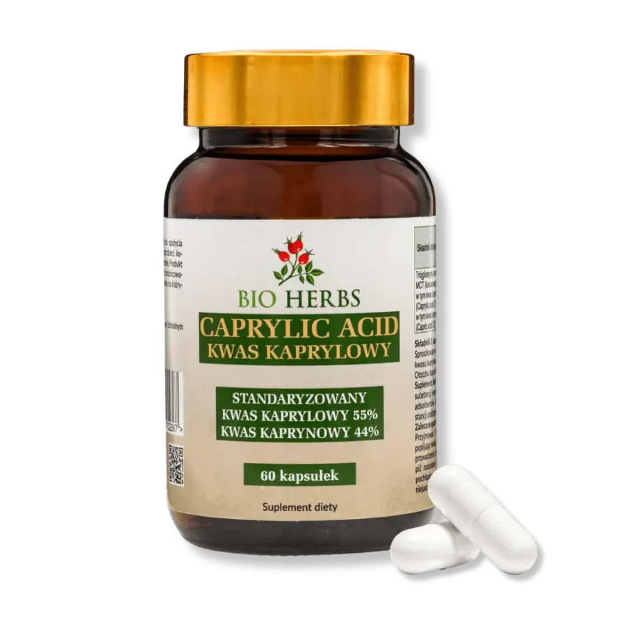 Kwas kaprylowy od bioherbs w brązowym słoiku z dwoma kapsułkami