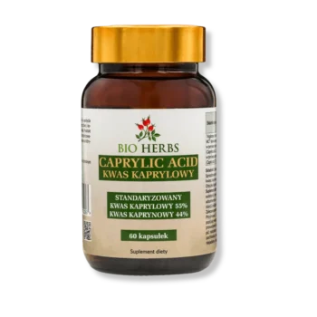 Kwas kaprylowy od bio herbs w brązowym szklanym słoiku