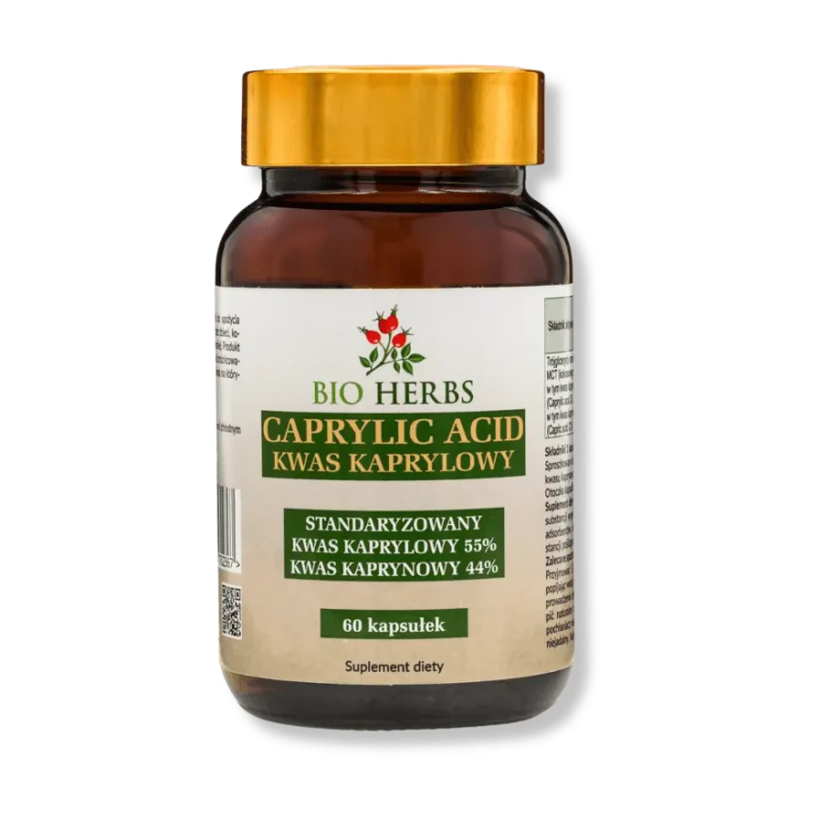 Kwas kaprylowy od bio herbs w brązowym szklanym słoiku
