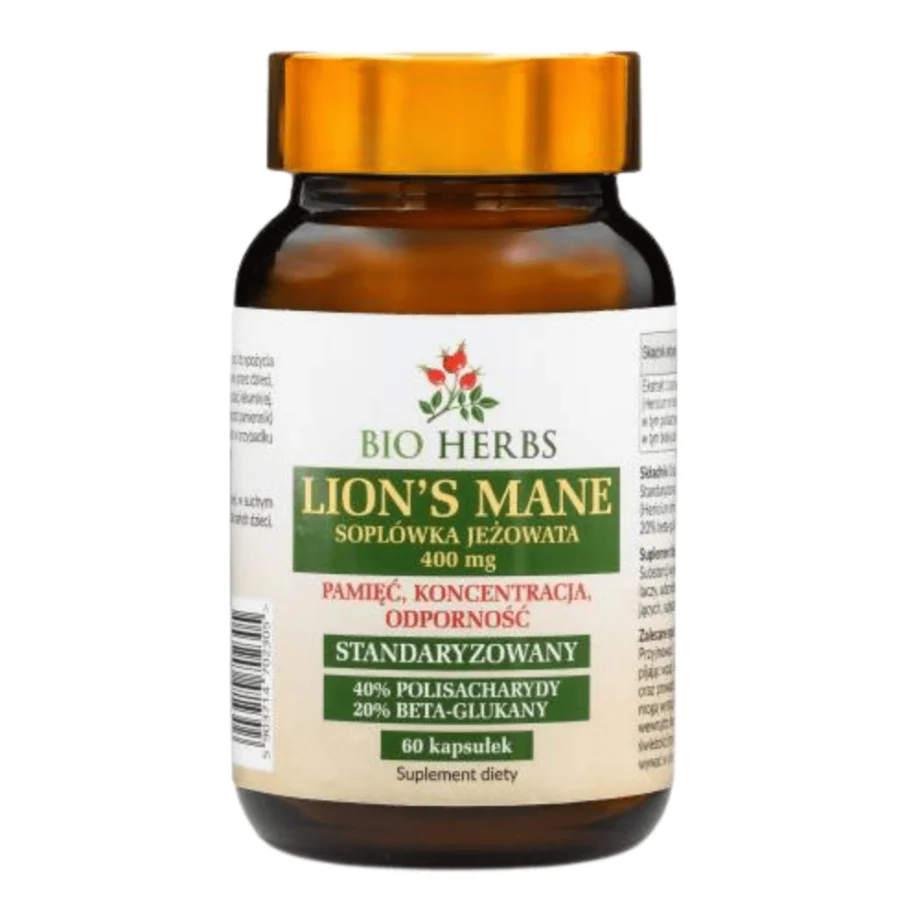 Lion's Mane (Soplówka Jeżowata) Bio-Herbs - standaryzowany ekstrakt w kapsułkach na białym tle - suplement dla mózgu i układu nerwowego