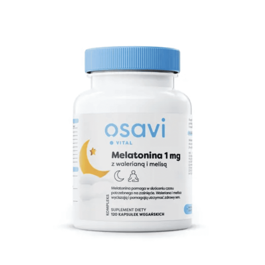 Melatonina waleriana melisa Osavi 1mg 60 kapsułek Vege - opakowanie produktu na białym tle