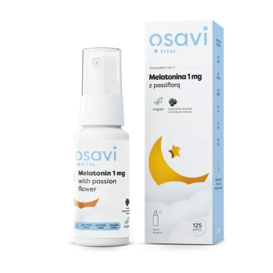 Melatonina passiflora spray Osavi 1mg 25ml smak wiśniowy - opakowanie produktu na białym tle