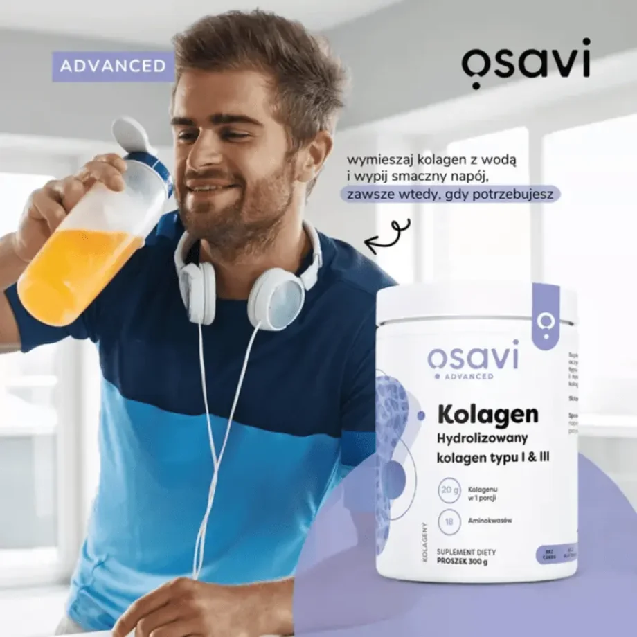 Aktywny mężczyzna pijący koktail z kolagenem