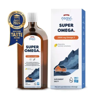 Opakowanie super omega 2900 mg od osavi oraz butelka z suplementem wraz z potwierdzeniem nagrody za produkt