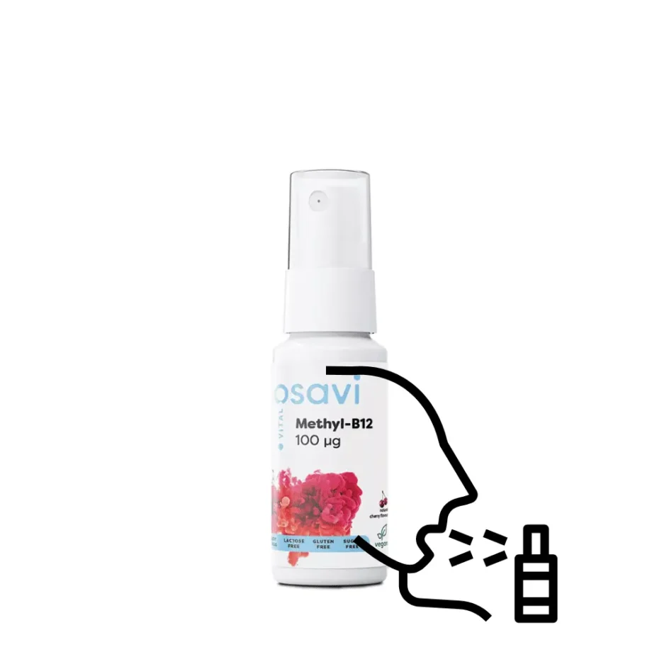 Opakowanie witamina b12 w sprayu osavi wraz z ikoną symbolizujące użycie sprayu doustnego