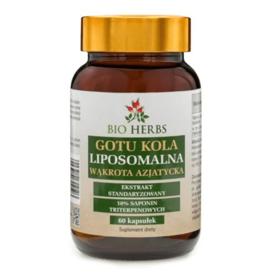 Gotu Kola Liposomalna Bio-Herbs - suplement diety w formie liposomalnej dla lepszej przyswajalności- 60 kapsułek w brązowym słoiku na białym tle