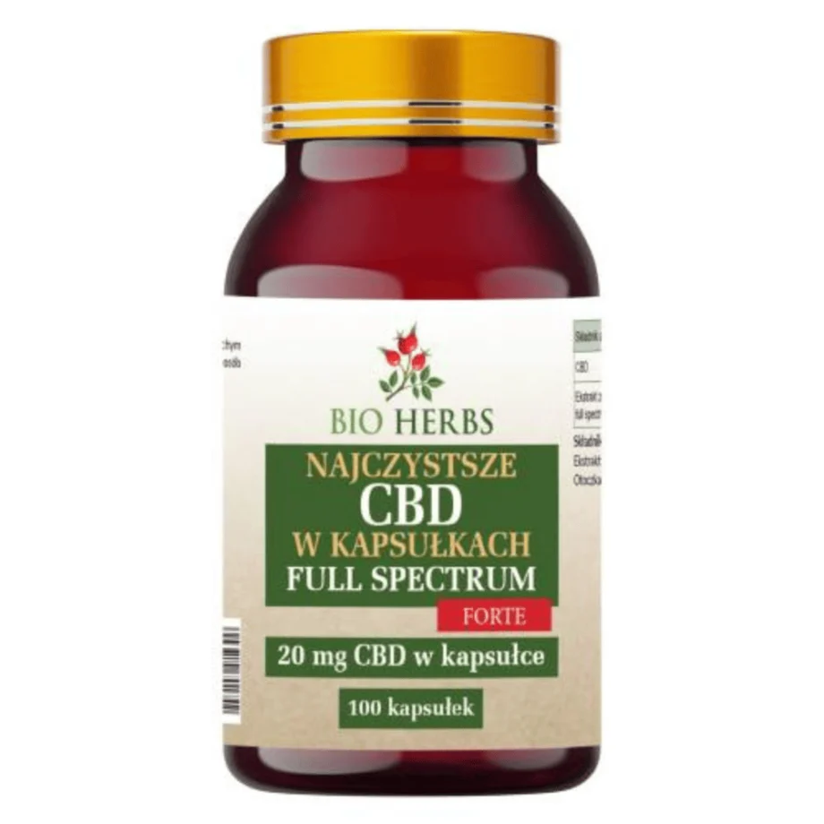 CBD Full Spectrum 20 mg Bio-Herbs - 100 premium kapsułek z pełnym spektrum kannabinoidów, słoik na białym tle