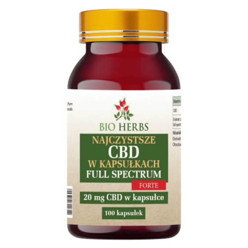 CBD Full Spectrum 20 mg Bio-Herbs - 100 premium kapsułek z pełnym spektrum kannabinoidów, słoik na białym tle