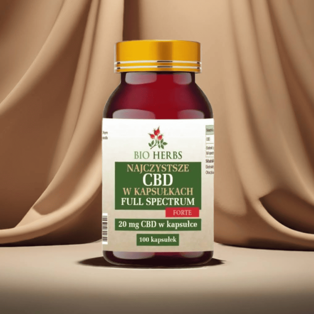 Opakowanie CBD Full Spectrum 20 mg Bio-Herbs - suplement wspierający układ nerwowy na tle brązowej tkaniny
