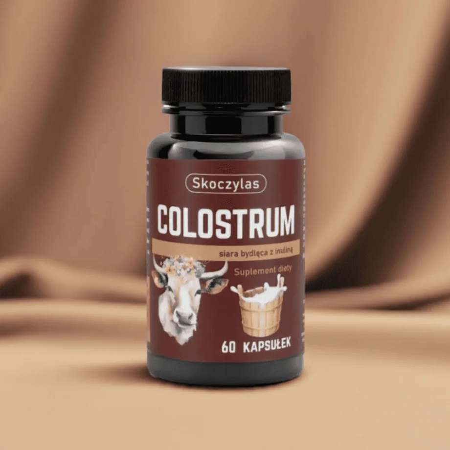 Składniki aktywne COLOSTRUM Skoczylas - siara bydlęca 400 mg z dodatkiem inuliny, opakowanie na brązowym tle