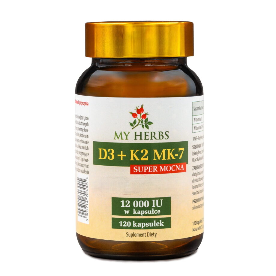 Brązowe opakowanie suplementu d3 k2 mk 7 my herbs na białym polu