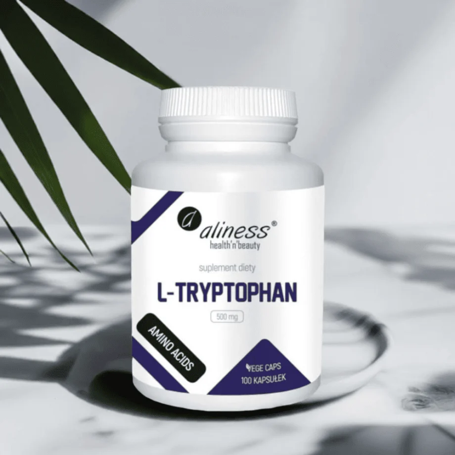 Etykieta i skład Aliness L-Tryptofan 500 mg - 100 kapsułek Vege z czystym L-tryptofanem bez dodatków dla najlepszej skuteczności"