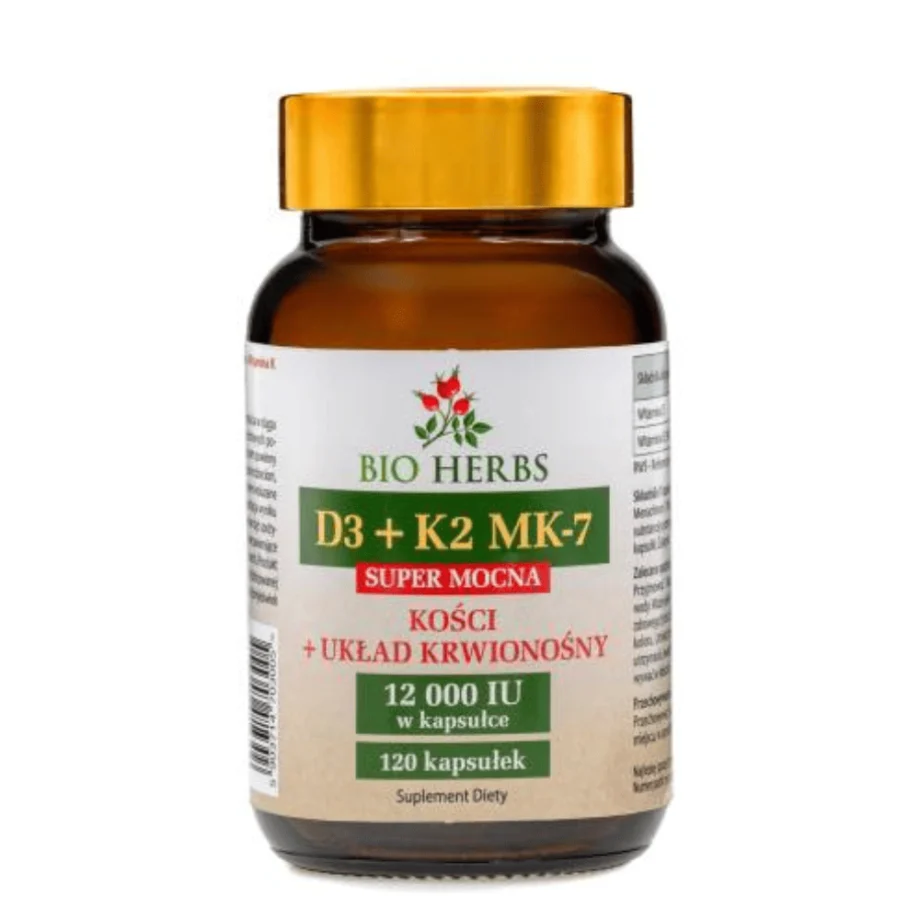 Bio-Herbs D3 K2 12000 IU w brązowym słoiczku na białym tle - suplement dla wzmocnienia kości i odporności