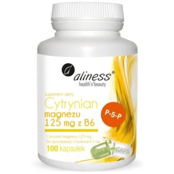 Aliness Cytrynian Magnezu B6 P-5-P - 100 wegańskich kapsułek na białym tle