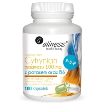 Aliness Magnez Potas B6 P-5-P - 100 wegańskich kapsułek na białym tle