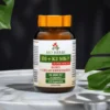 D3 K2 16000 IU Bio-Herbs - suplement premium na marmurowym blacie z zielonym liściem symbolizującym naturalne pochodzenie