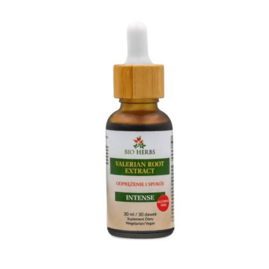 Kozłek Lekarski (Valerian Root) krople Bio-Herbs 30 ml z kroplomierzem na białym tle - płynny ekstrakt homogenizowany na sen i stres