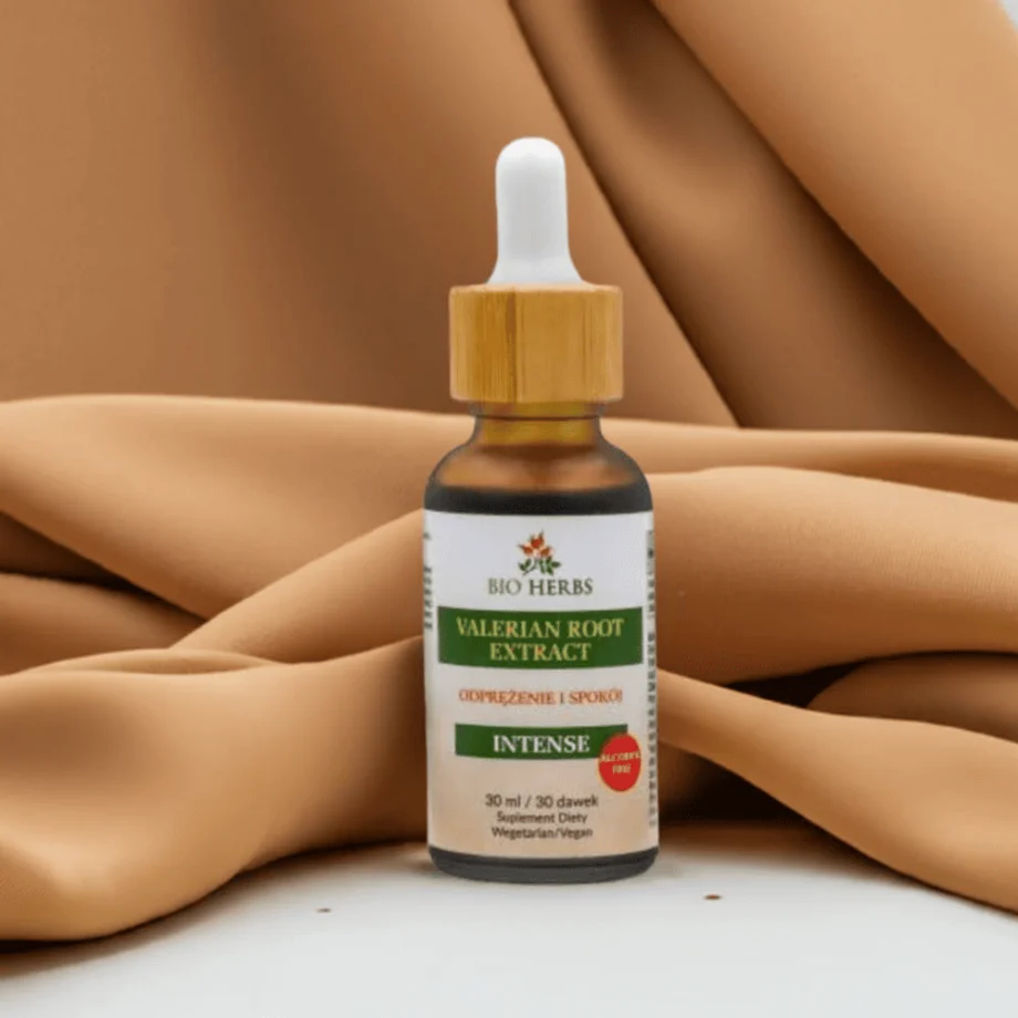 Butelka Kozłka Lekarskiego krople Bio-Herbs na naturalnej tkaninie - ekstrakt homogenizowany 30 ml dla szybkiego działania