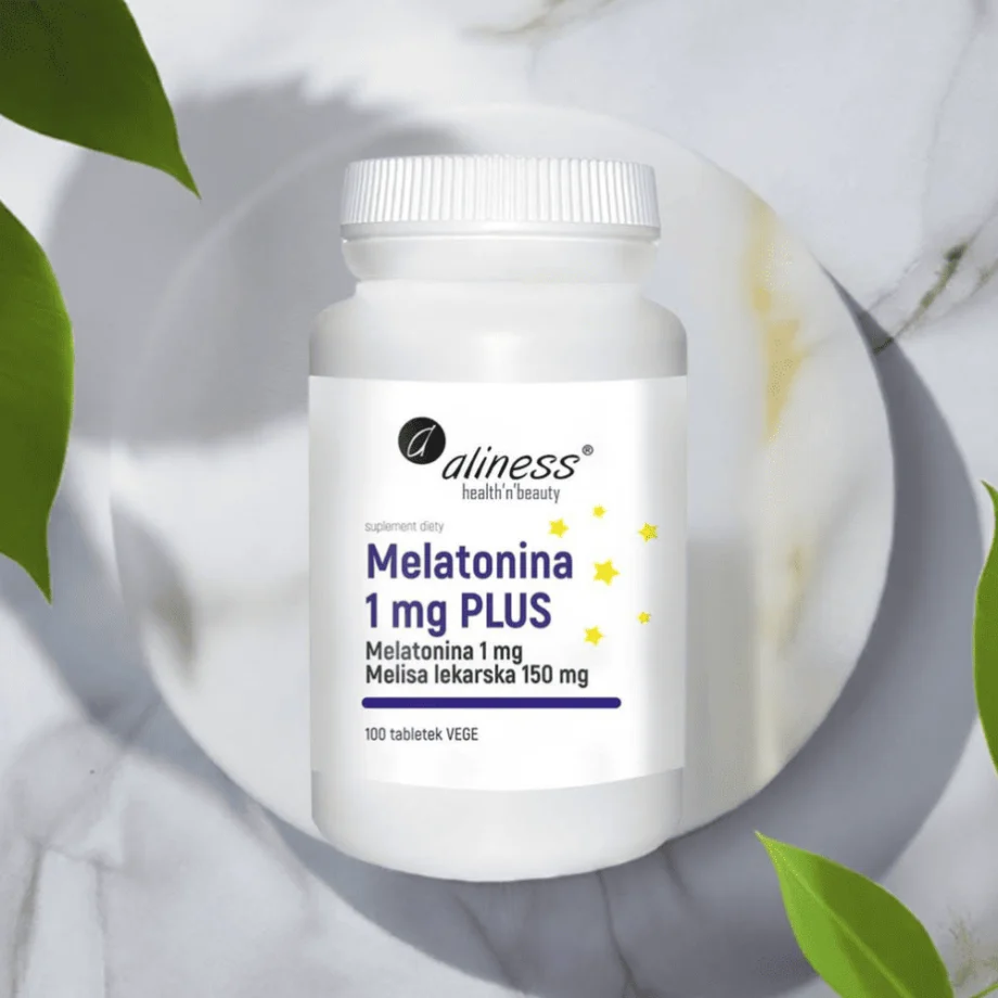 Melatonina 1mg tabletki na sen Aliness PLUS - eleganckie opakowanie na marmurowej tacy