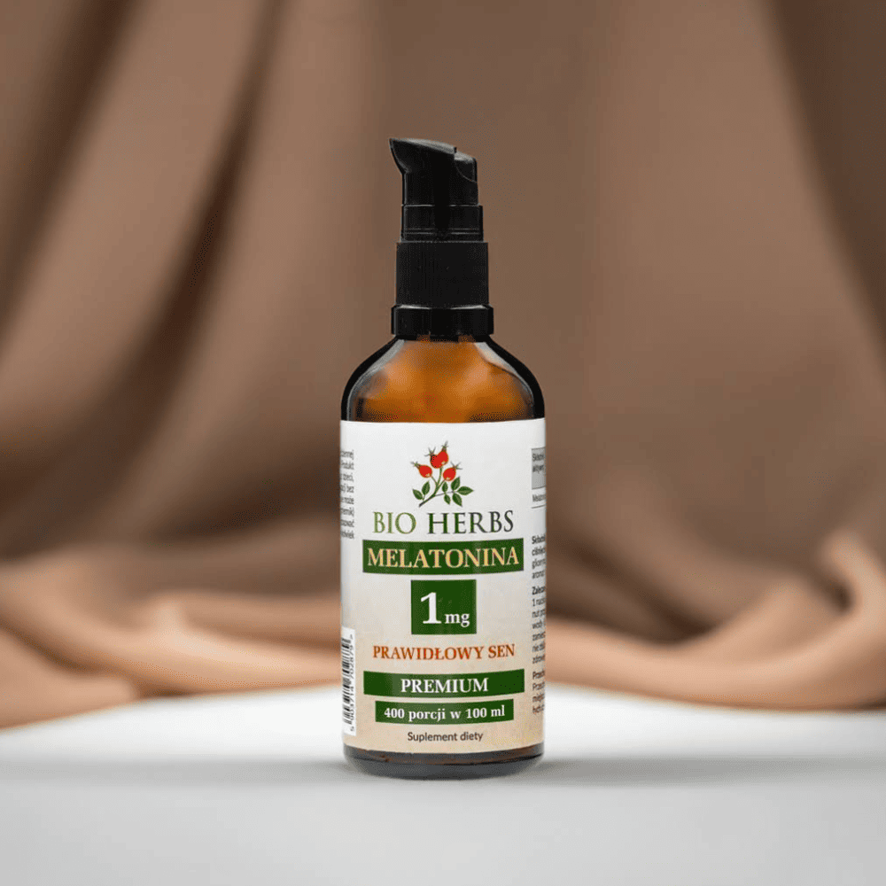 Melatonina suplementacja 1mg w kroplach - butelka Bio-Herbs na brązowej tkaninie do relaksu