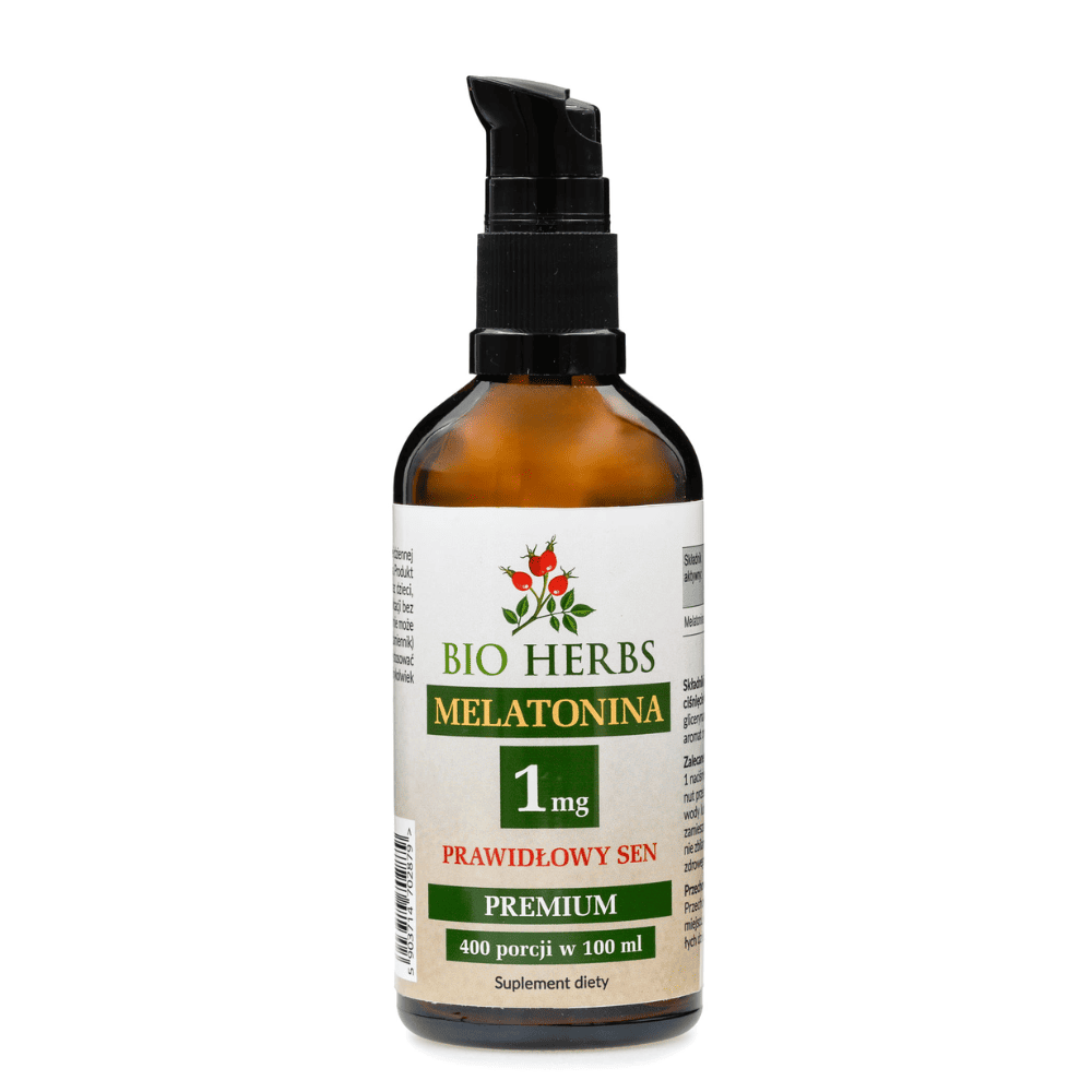 Melatonina 1mg krople Bio-Herbs 100ml 400 porcji - opakowanie produktu na białym tle