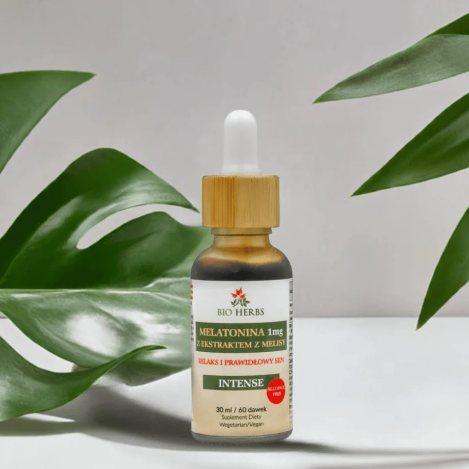 Melatonina 1mg z melisą Bio-Herbs w kroplach - eleganckie opakowanie na marmurowej tacy
