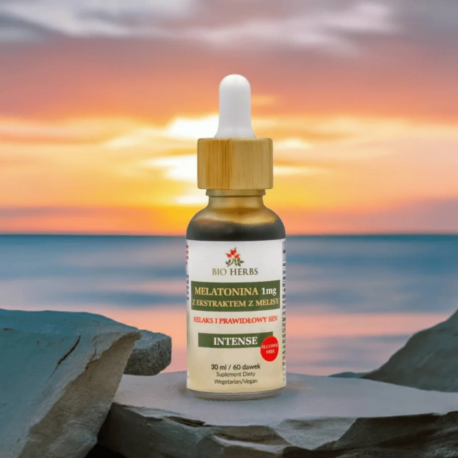 Melatonina 1mg z melisą Bio-Herbs w kroplach - eleganckie opakowanie na marmurowej tacy