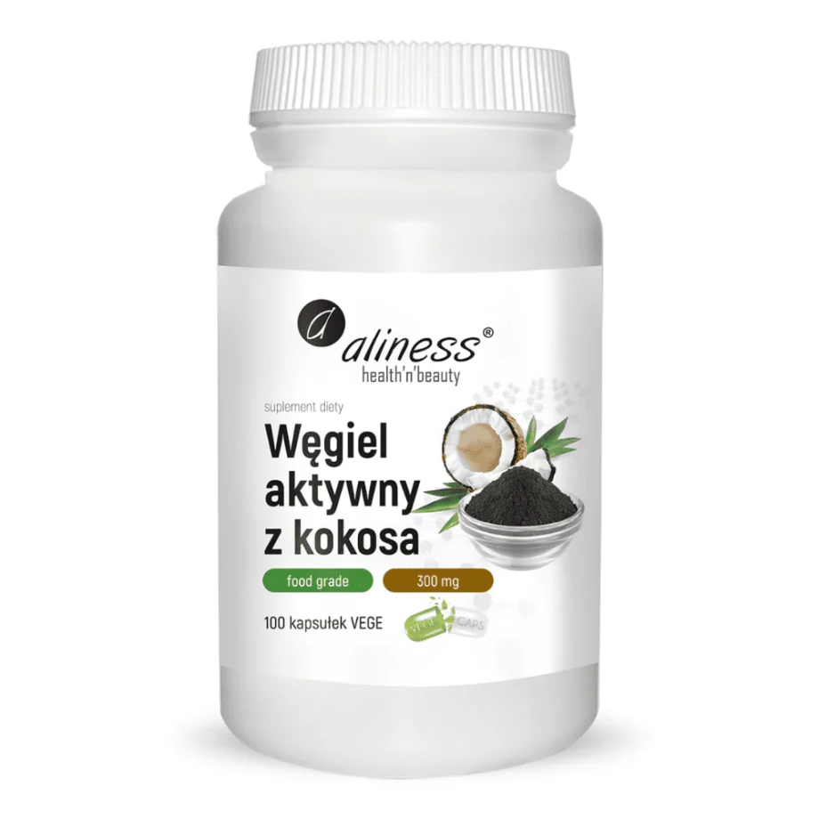 Węgiel aktywny z kokosa Aliness 300 mg x 100 kapsułek Vege - suplement diety do naturalnej detoksykacji organizmu w wygodnych kapsułkach roślinnych