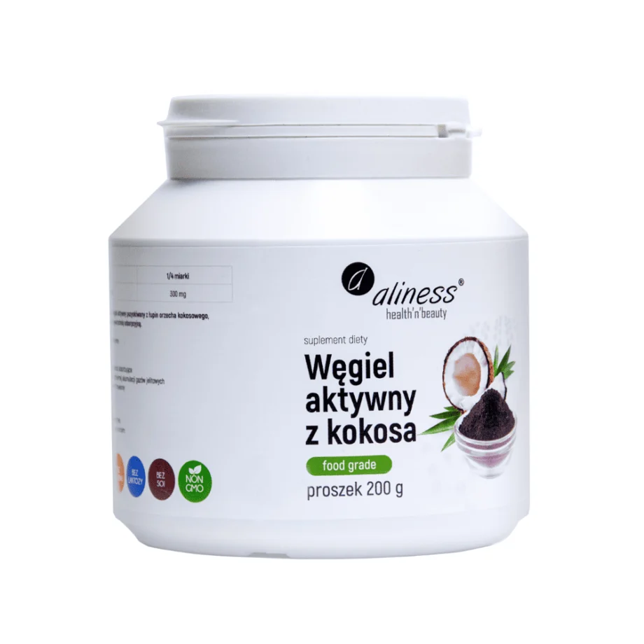 Węgiel aktywny z kokosa Aliness Food Grade w czarnym proszku 200g - naturalny suplement do detoksykacji organizmu w ekologicznym opakowaniu