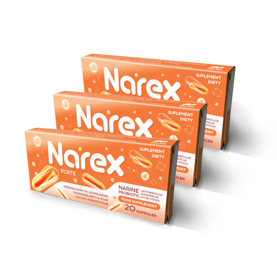 3 opakowania probiotyku forte marki Narex na 2 tygodnie kuracji na białym tle