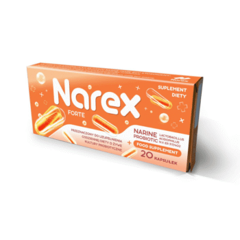 Narex forte probiotyk w opakowaniu na bialym tle