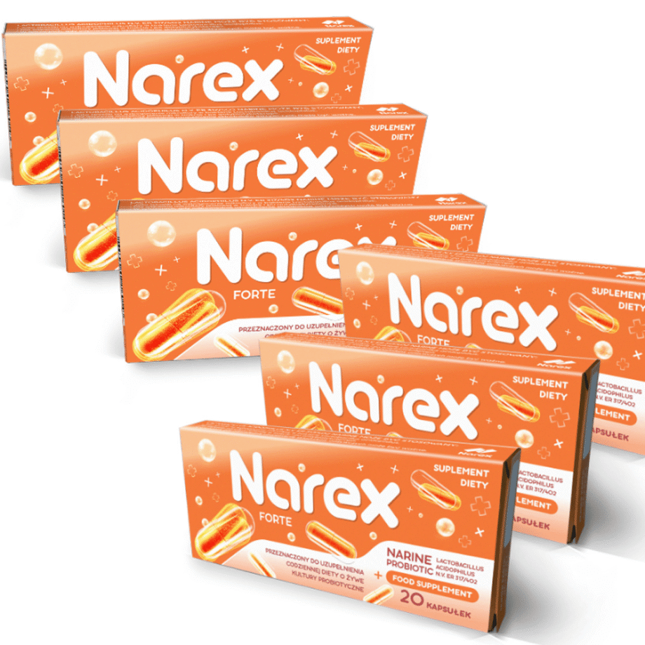 6 opakowań probiotyku firmy narex, wystarczające na 1 miesiąc kuracji