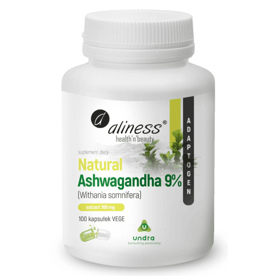 Ashwaganda 560 mg od Aliness na białym tle