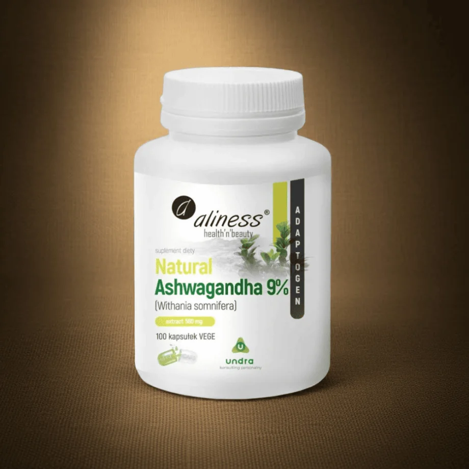 Ashwagandha 560 mg Aliness na tle brązowej tkaniny
