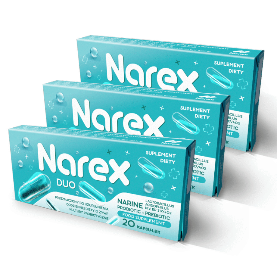 3 opakowania synbiotyku narex na białym tle