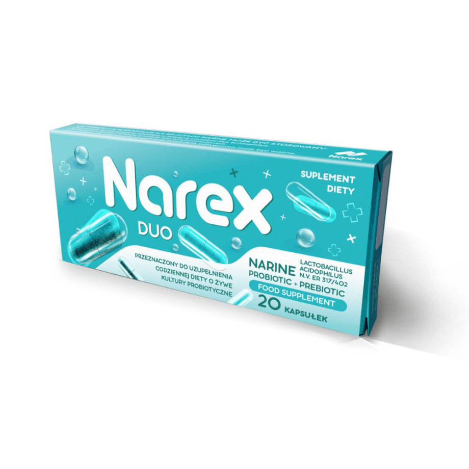 Opakowanie narex duo w kapsułkach na białym tle
