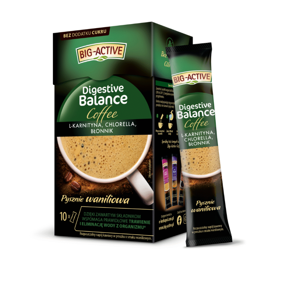Opakowanie wraz z jedną saszetką -Kawa na trawienie i zdrowe jelita Big-Active Coffee Digestive Balance