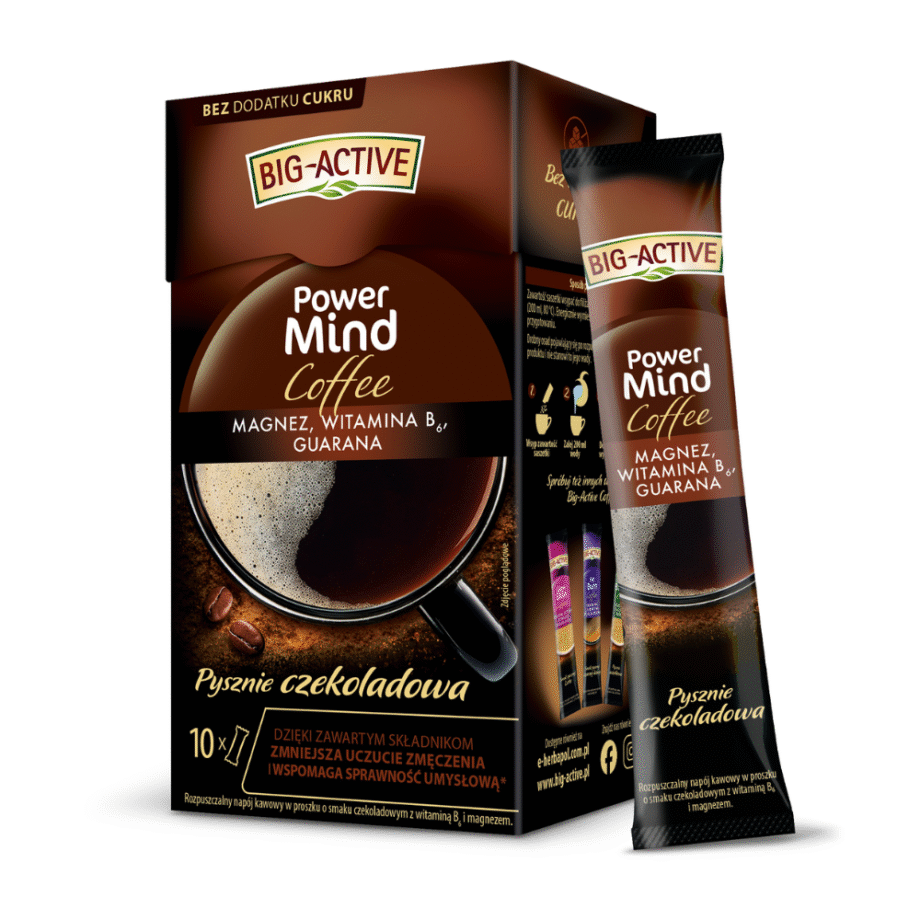 Kawa na koncentrację Big-Active Coffee Power Mind saszetki czekolada, opakowanie kawy z jedną saszetką.