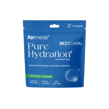 Zestaw elektrolitów w saszetkach bez dodatku cukru w niebieskim opakowaniu na białym tle