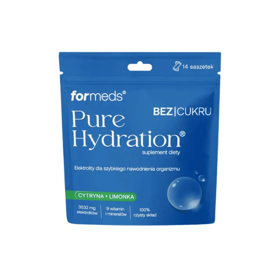 Zestaw elektrolitów w saszetkach bez dodatku cukru w niebieskim opakowaniu na białym tle